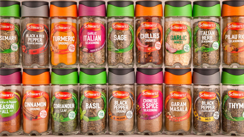 Schwartz 調料品包裝設計，展現了“味道，顏色和質地”