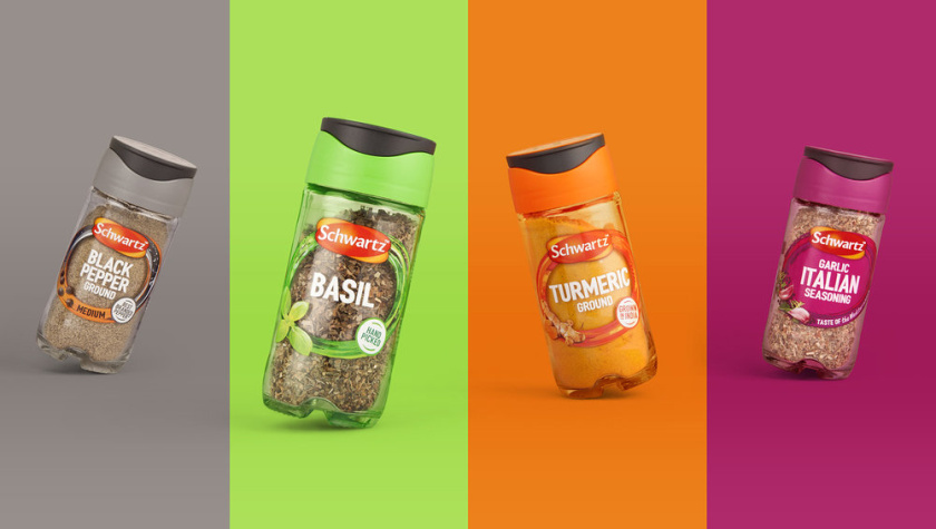 Schwartz 調料品包裝設計，展現了“味道，顏色和質地”