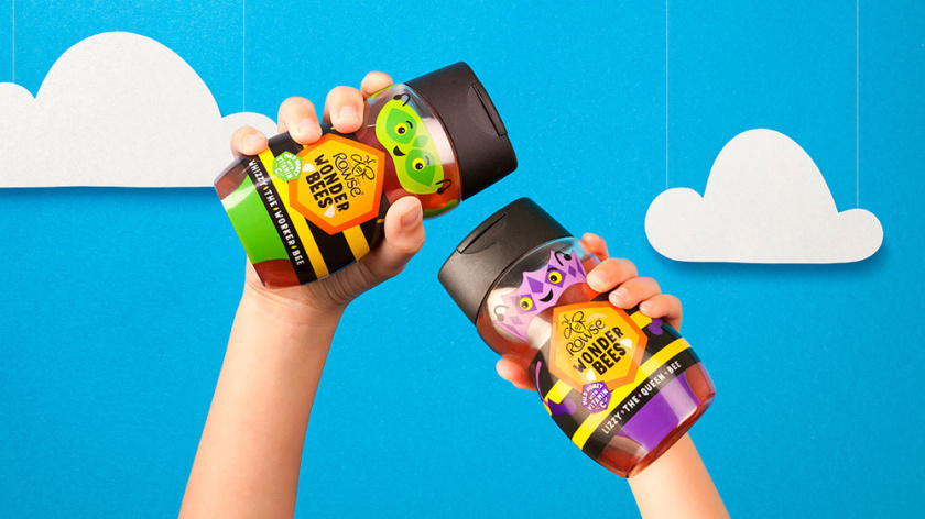 IP品牌策劃案例：Rowse Wonder Bees兒童蜂蜜包裝設計，兩個超級蜜蜂英雄吉祥物