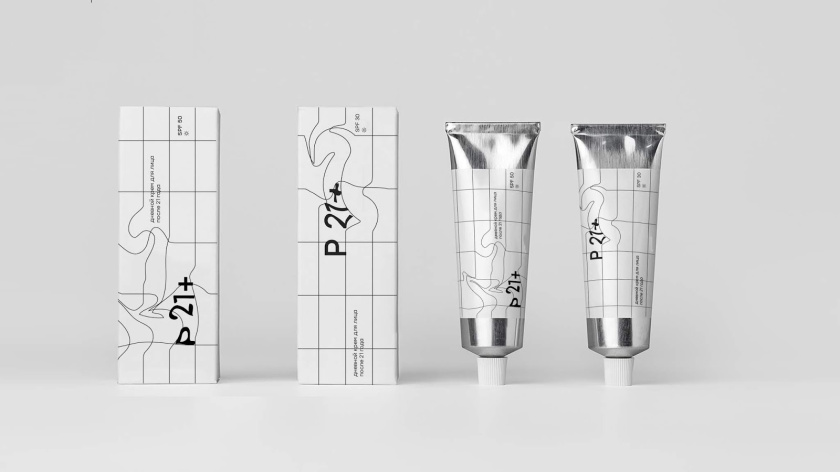P21+防曬化妝品包裝設(shè)計，扭曲的線條寓意被太陽損傷的皮膚