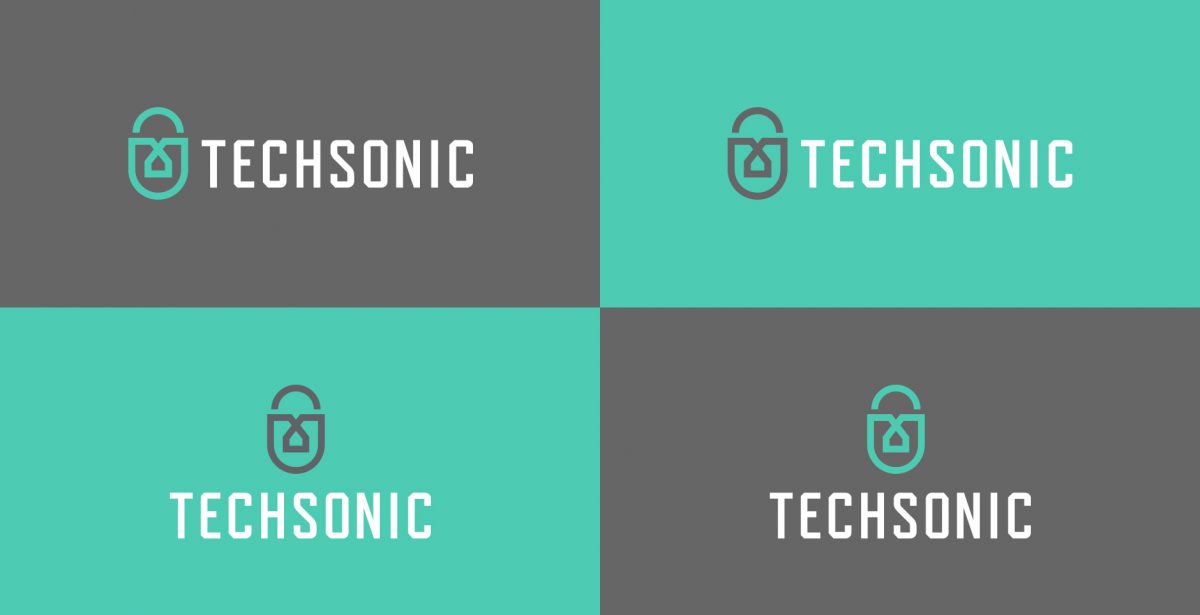 Techsonic 電子安全監控設備公司logo設計，盾牌+鎖+房子