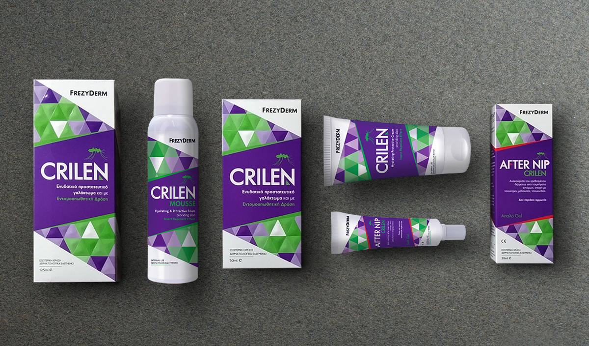 Frezyderm Crilen 驅蟲驅蚊止癢產品包裝設計，多層壓紋工藝與幾何版式營造包裝質感