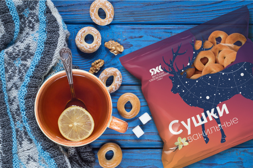 Yakut 袋裝面包烘培產品包裝設計，動物星空北極光圖形