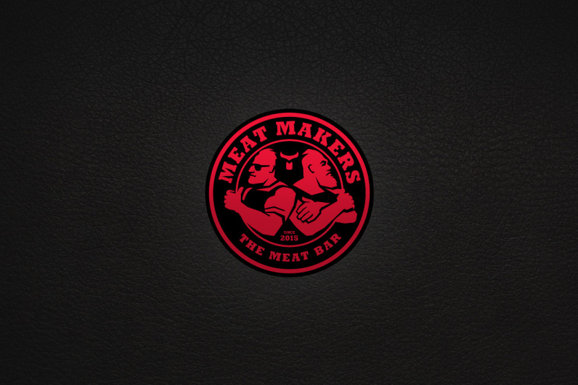 Meat Makers 肉食酒吧餐廳logo設計,兩個背靠背硬漢