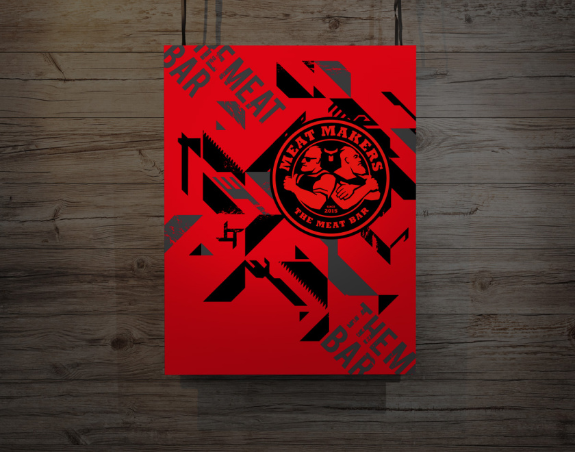 Meat Makers 肉食酒吧餐廳logo設計vi設計，兩個背靠背硬漢+小刀幾何元素