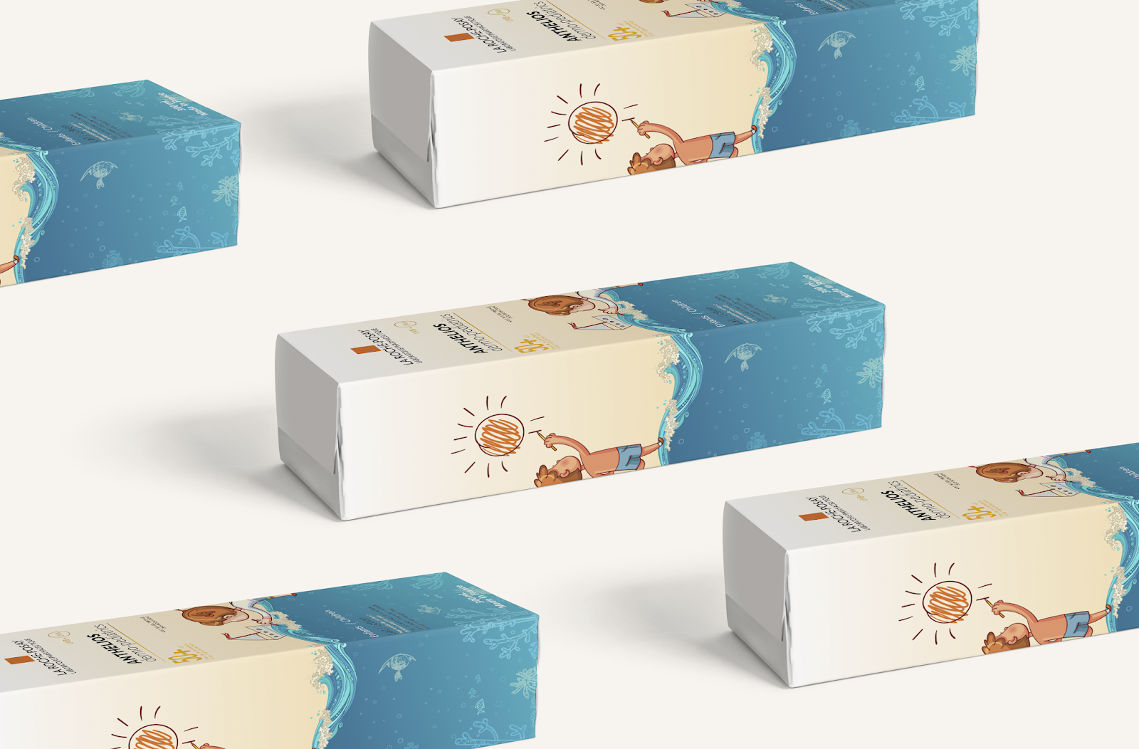 La Roche-Posay兒童防曬霜包裝設計，男孩女孩海灘嘻戲的插畫感覺