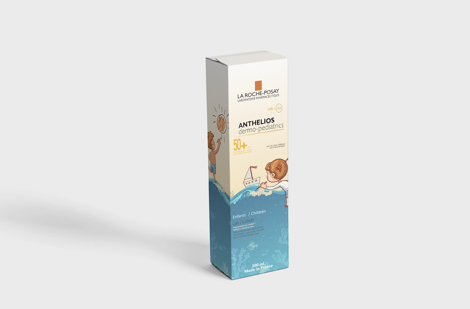 La Roche-Posay兒童防曬霜包裝設計，男孩女孩海灘嘻戲的插畫感覺