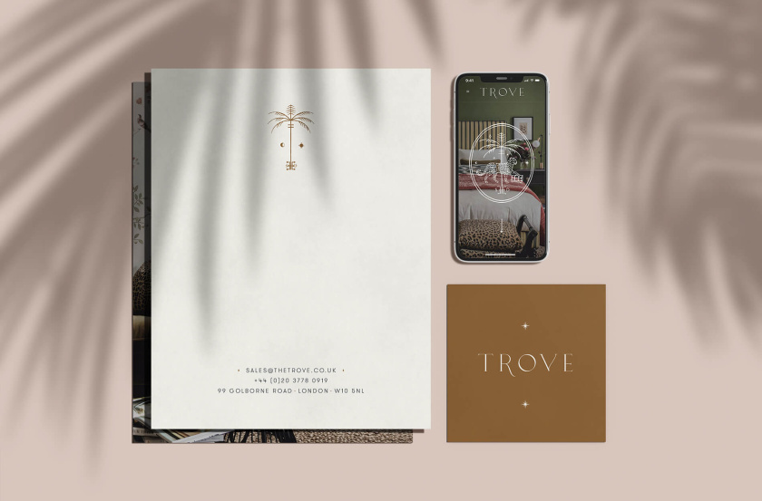 Trove 家具品牌logo設計。由豹+棕櫚樹+鑰匙組合而成