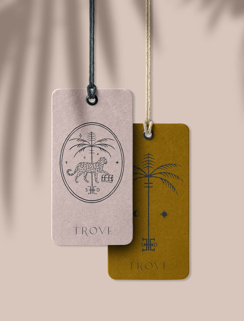 Trove 家具品牌logo設計。由豹+棕櫚樹+鑰匙組合而成