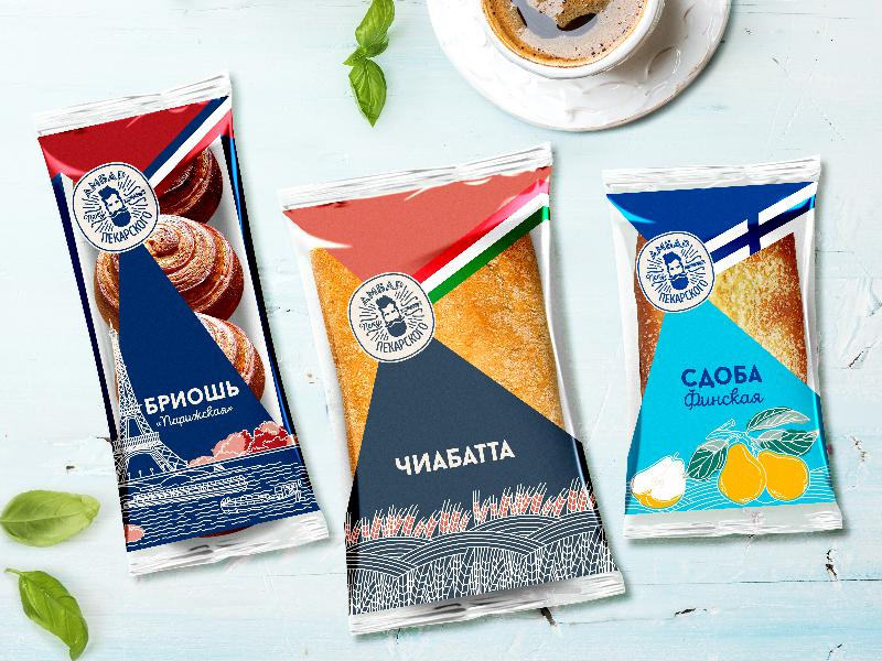 Serpukhovkhleb 大型面包店袋裝面包設計，幾何版式+人物頭像
