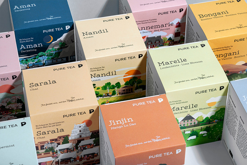 pure tea 純茶有機茶葉包裝設計，13個茶葉原產地風景插圖設計