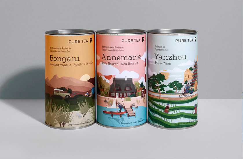 pure tea 純茶有機茶葉包裝設計，13個茶葉原產地風景插圖設計