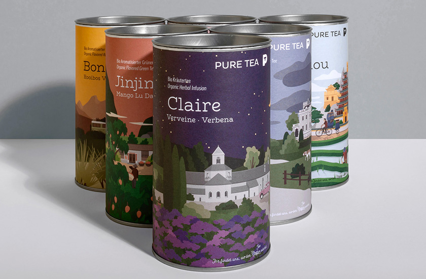 pure tea 純茶有機茶葉包裝設計，13個茶葉原產地風景插圖設計