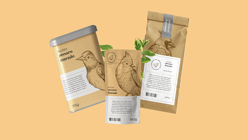 Pássaro金鳥飼料口糧包裝設計，手繪小鳥的圖案包裝