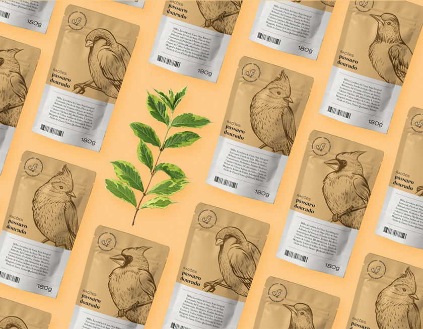 Pássaro金鳥飼料口糧包裝設計，手繪小鳥的圖案包裝