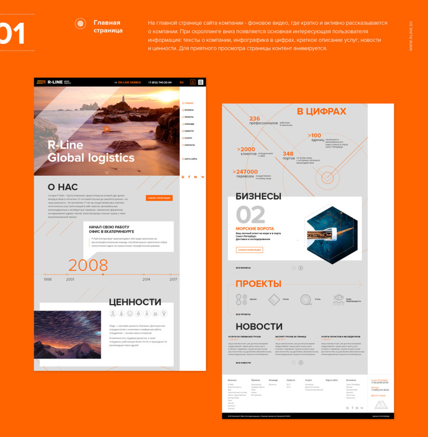 R-Line集團運輸物流公司新響應式網站設計，橙色線條+幾何圖片