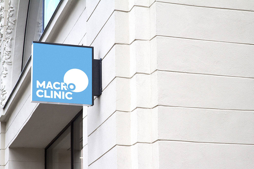 Macro Clinic連鎖醫療診所醫院圓形顯微鏡logo設計，品牌vi形象設計與品牌全案策劃塑造