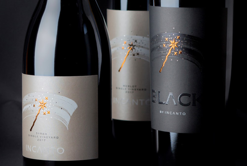 Incanto葡萄酒酒標包裝標簽設計，菜肴凹凸金箔印刷工藝的魔術棒圖案