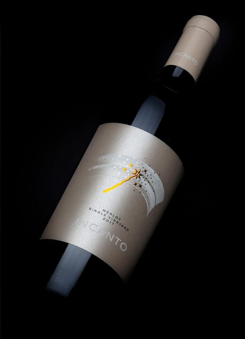 Incanto葡萄酒酒標包裝標簽設計，菜肴凹凸金箔印刷工藝的魔術棒圖案