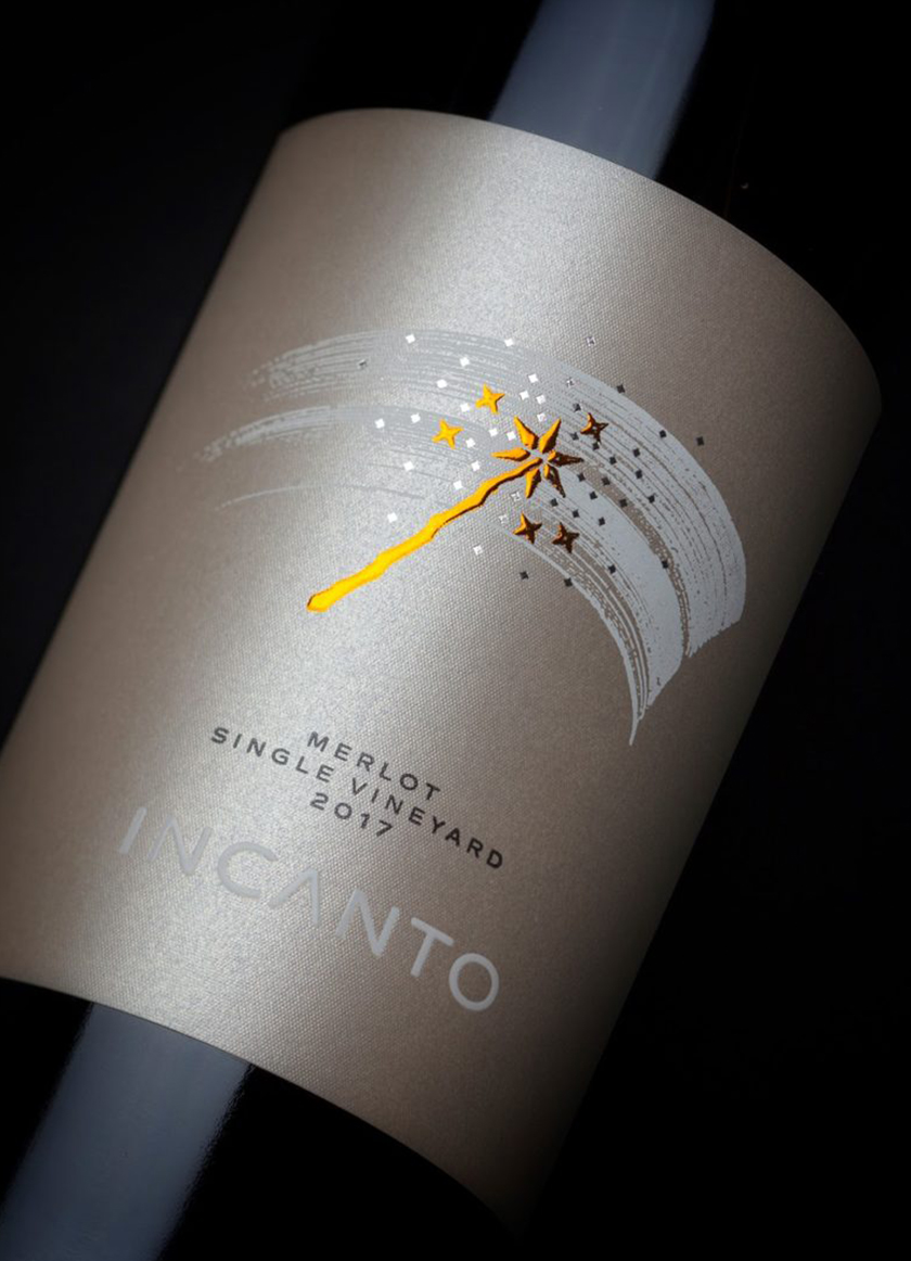 Incanto葡萄酒酒標包裝標簽設計，菜肴凹凸金箔印刷工藝的魔術棒圖案