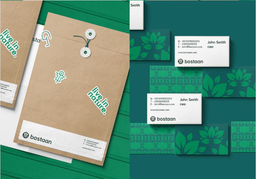 Bostaan 景觀公司logo設(shè)計(jì)與vi設(shè)計(jì)，矢量化幾何風(fēng)格綠葉與根須