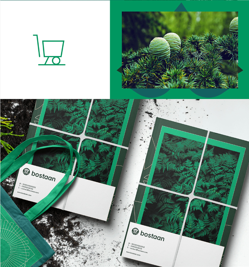 Bostaan 景觀公司logo設(shè)計(jì)與vi設(shè)計(jì)，矢量化幾何風(fēng)格綠葉與根須