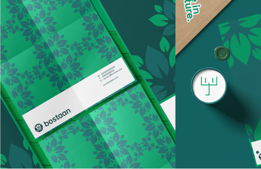 Bostaan 景觀公司logo設(shè)計(jì)與vi設(shè)計(jì)，矢量化幾何風(fēng)格綠葉與根須