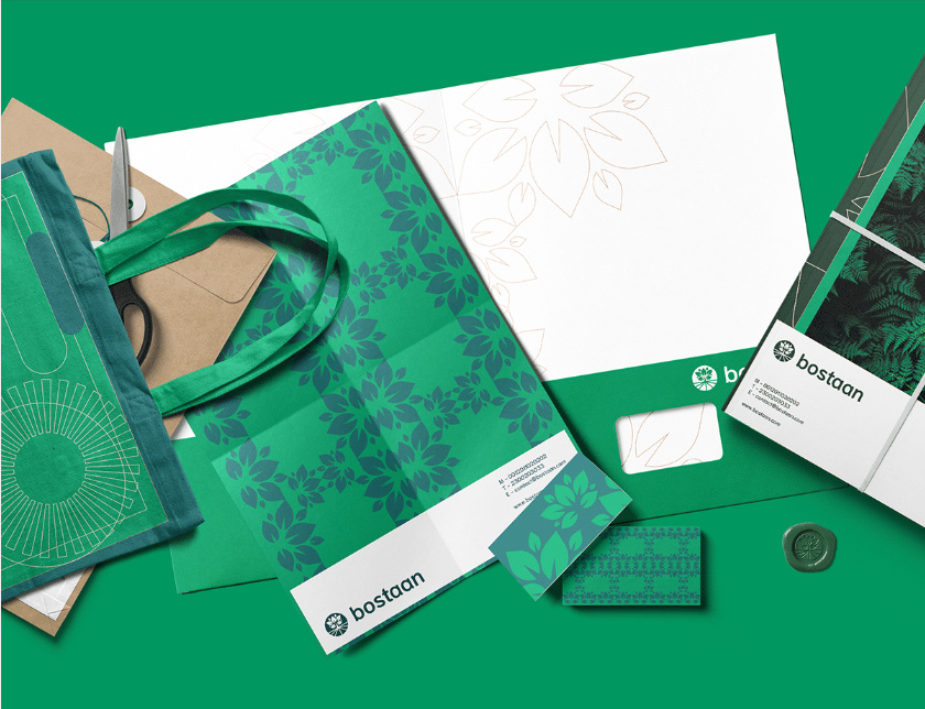 Bostaan 景觀公司logo設(shè)計(jì)與vi設(shè)計(jì)，矢量化幾何風(fēng)格綠葉與根須