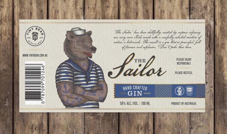 小熊杜松子酒包裝標簽設計，每種酒都有不同的小熊插畫