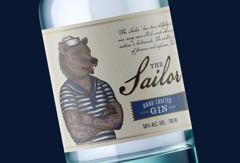 小熊杜松子酒包裝標簽設計，每種酒都有不同的小熊插畫