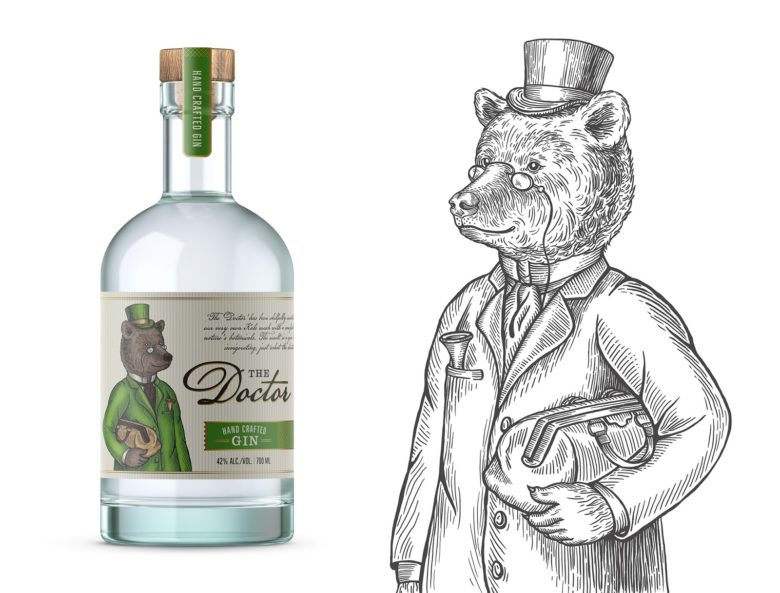 小熊杜松子酒包裝標簽設計，每種酒都有不同的小熊插畫