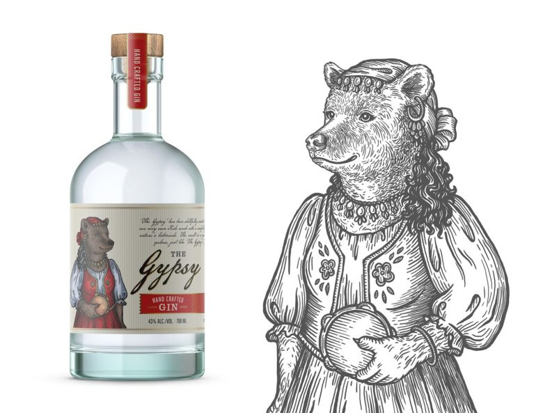 小熊杜松子酒包裝標簽設計，每種酒都有不同的小熊插畫
