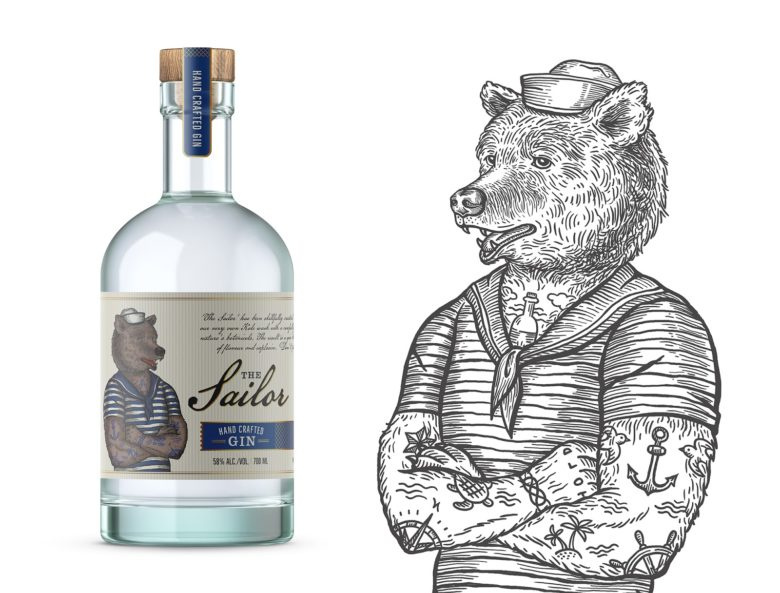 小熊杜松子酒包裝標簽設計，每種酒都有不同的小熊插畫