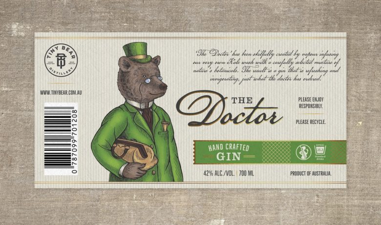 小熊杜松子酒包裝標簽設計，每種酒都有不同的小熊插畫