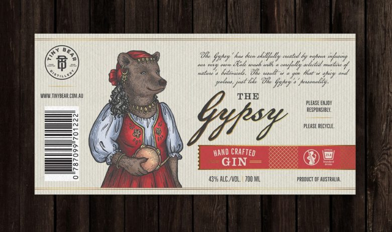 小熊杜松子酒包裝標簽設計，每種酒都有不同的小熊插畫