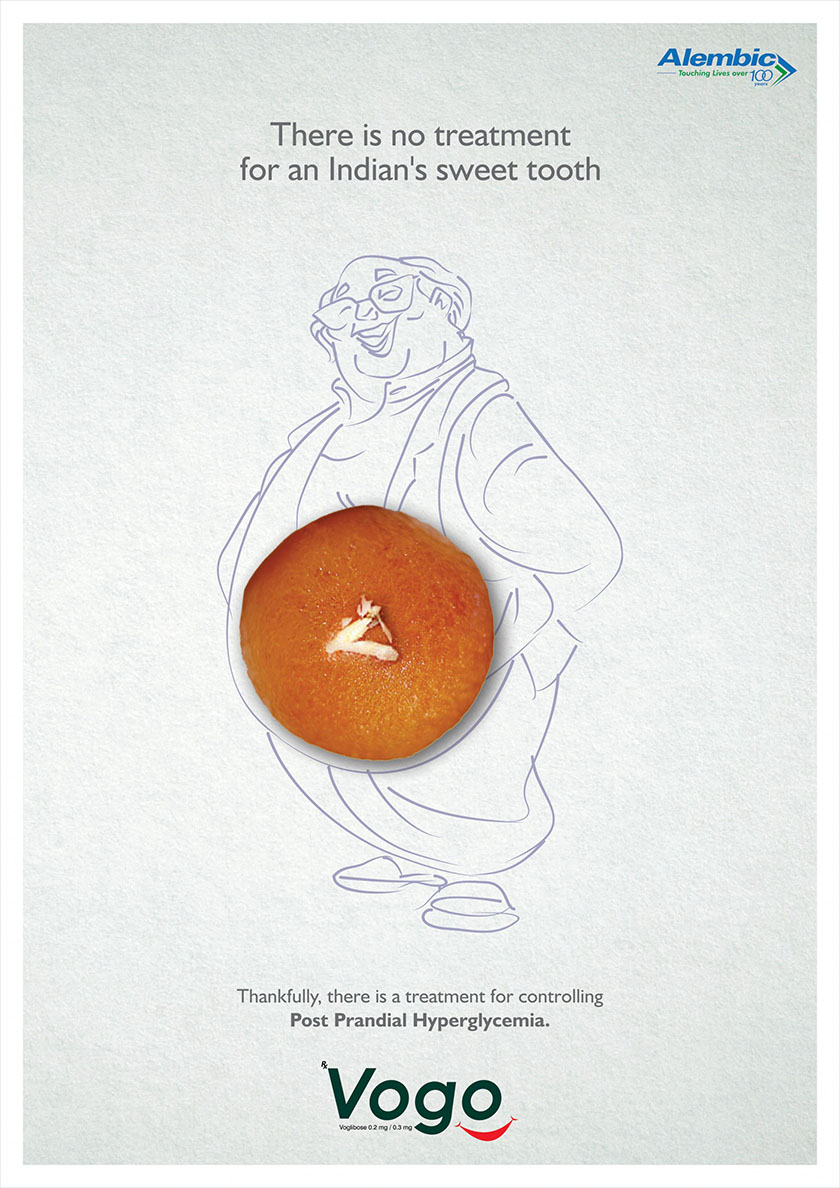 印度高血糖醫(yī)藥廣告平面設(shè)計(jì)，不失趣味指出愛(ài)吃糖老年患者的身體狀況