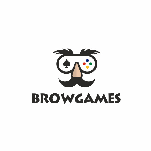 視頻游戲控制的方式像一個(gè)大鼻子和眉毛的混搭與文本“browgames”logo設(shè)計(jì)