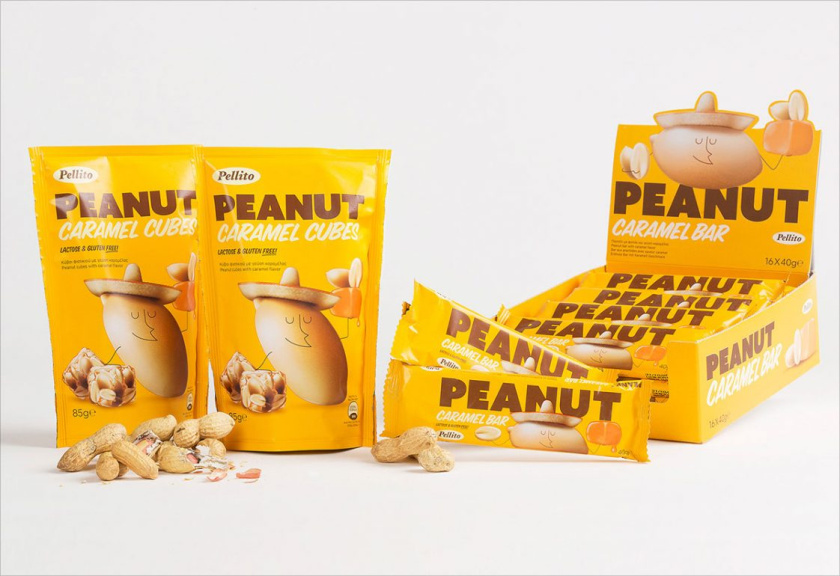 Pellito花生焦糖酒吧和盒子包裝設計