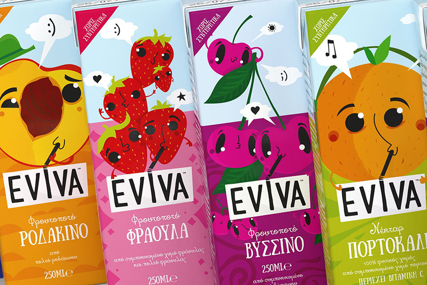 Eviva kids兒童果汁飲料包裝設計插畫設計，可愛水果卡通一起狂歡