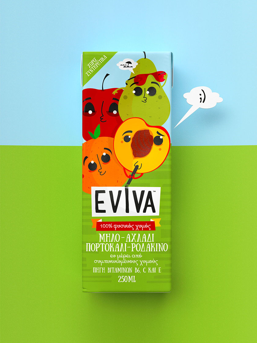 Eviva kids兒童果汁飲料包裝設計插畫設計，可愛水果卡通一起狂歡