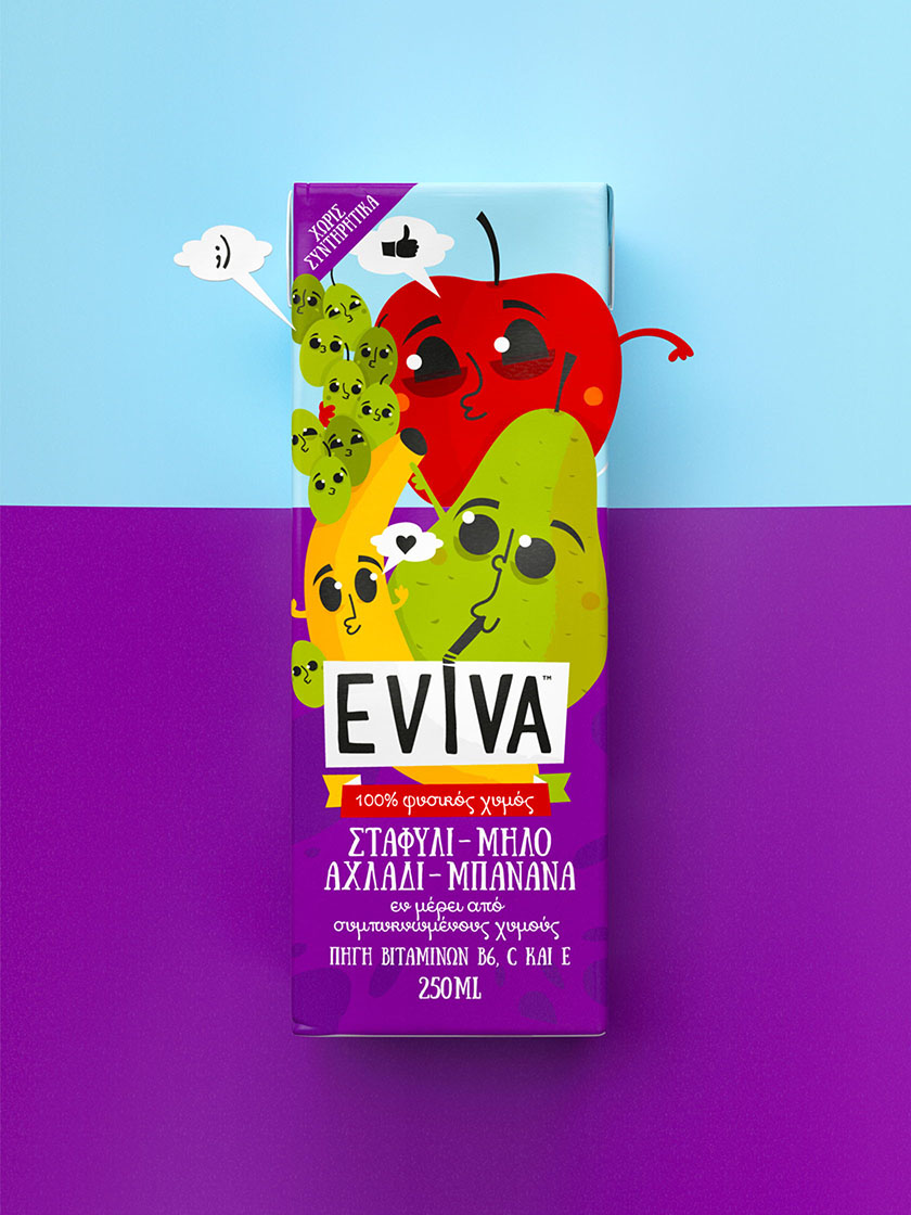 Eviva kids兒童果汁飲料包裝設計插畫設計，可愛水果卡通一起狂歡