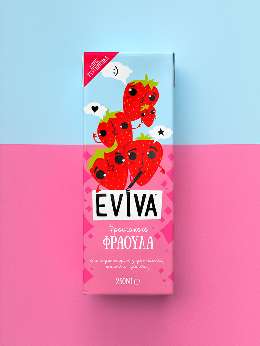 Eviva kids兒童果汁飲料包裝設計插畫設計，可愛水果卡通一起狂歡