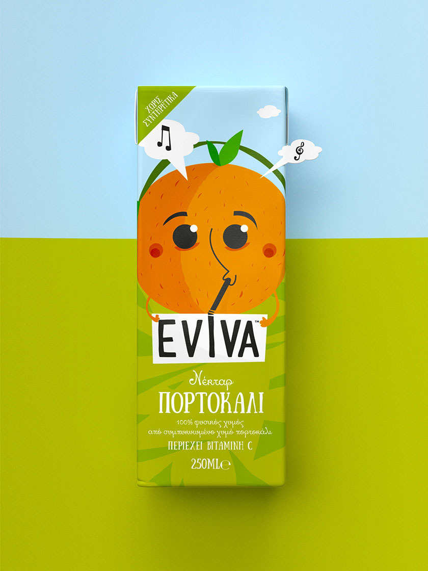 Eviva kids兒童果汁飲料包裝設計插畫設計，可愛水果卡通一起狂歡