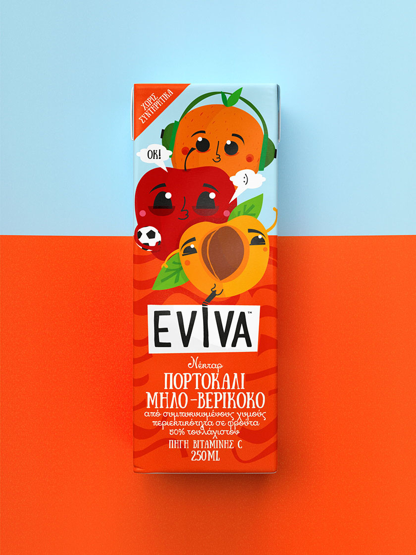 Eviva kids兒童果汁飲料包裝設計插畫設計，可愛水果卡通一起狂歡