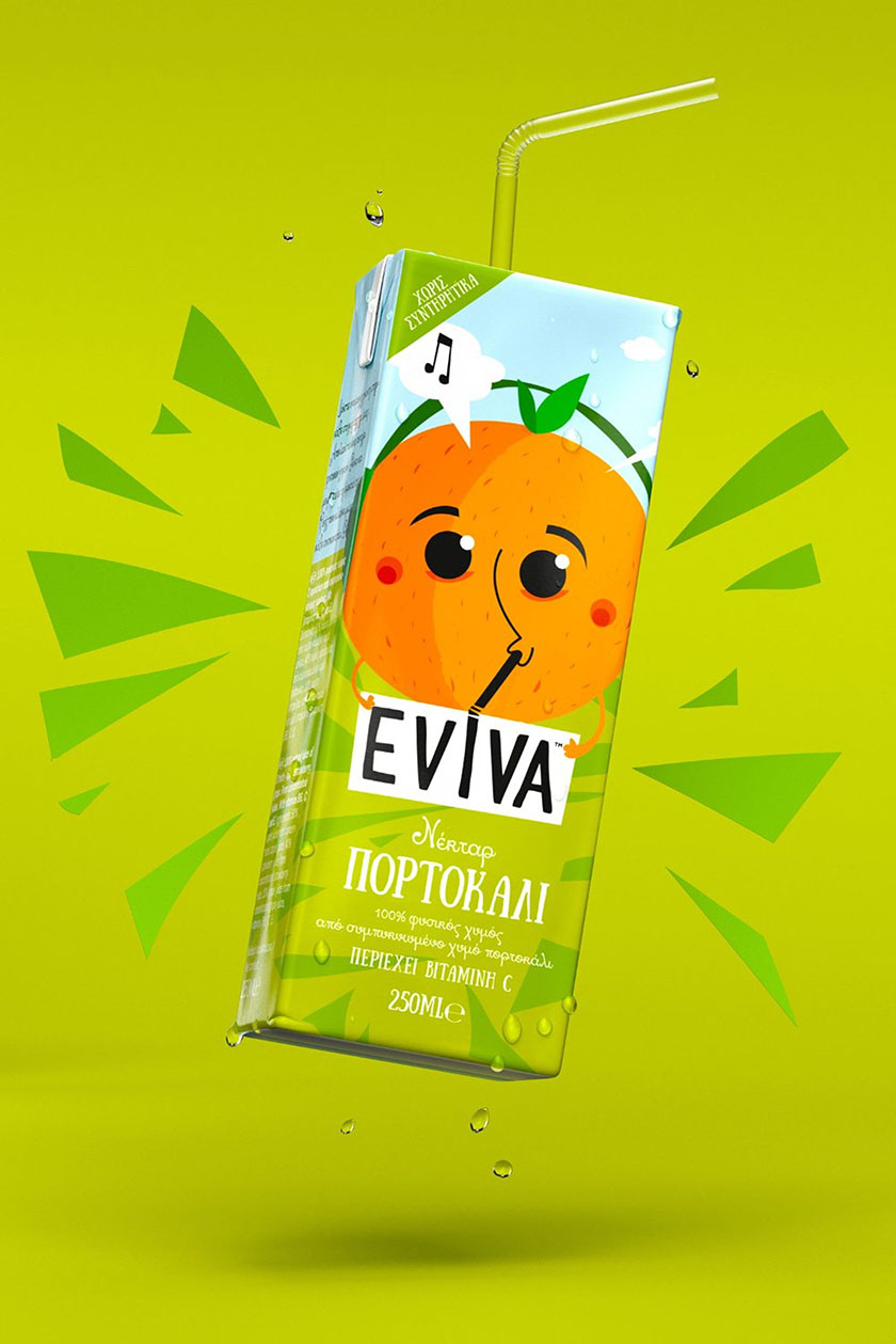 Eviva kids兒童果汁飲料包裝設計插畫設計，可愛水果卡通一起狂歡