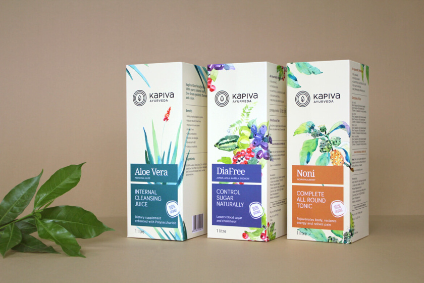 Kapiva水果系列營養(yǎng)補充劑包裝設(shè)計包裝設(shè)計，嚴謹?shù)纳珘K加植物插圖
