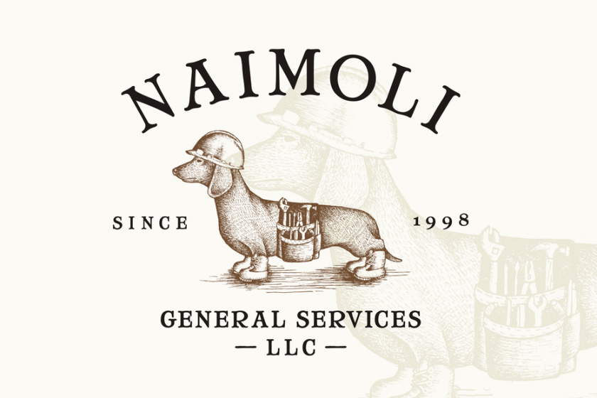 面對公司的建筑標志設計-戴著建筑背心和安全帽的臘腸犬的棕褐色標志