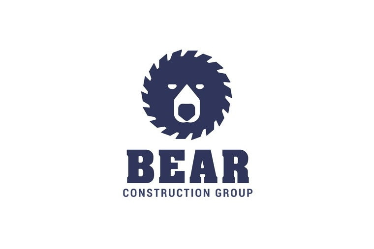 面對公司的建筑標志設計-深藍色圓鋸片，帶有熊臉的負空間圖像