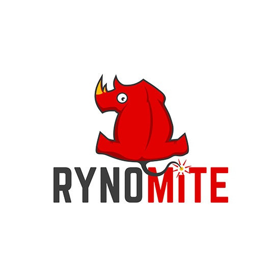 有趣的建筑標志設計-紅色的犀牛向后看著文字“rynomite”