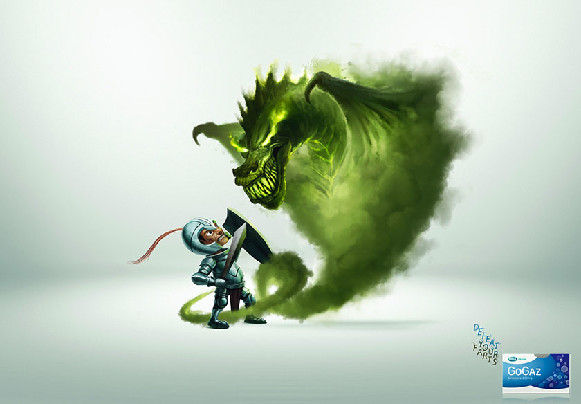 胃藥廣告：Gogaz緩解腸胃脹氣醫藥平面廣告設計，打敗脹氣惡魔